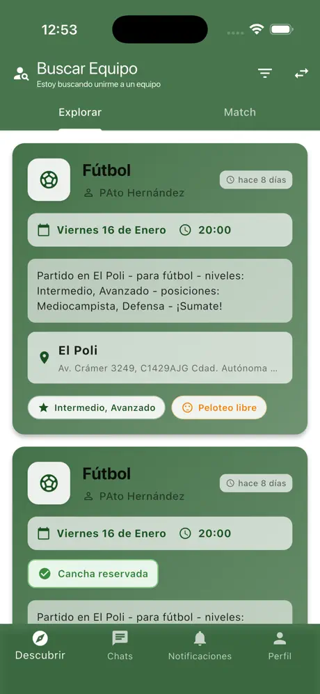 Pantalla de la app: elegir deporte y ubicación para descubrir partidos