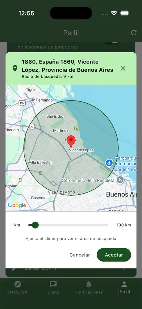Pantalla de la app: mapa con partidos cerca