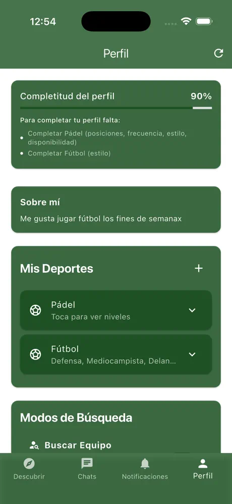 Pantalla de la app: perfil y preferencias